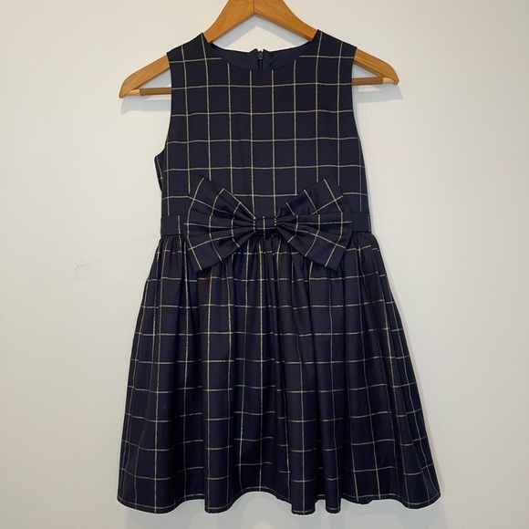 HP! Bardot Junior Navy & Gold Windowpane Dress with Bow Girls Size 14 - Picture 3 of 10